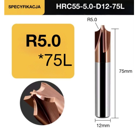 Frez ćwiartkowy wklęsły węglikowy VHM CNC R 5 4Z fi12 L75